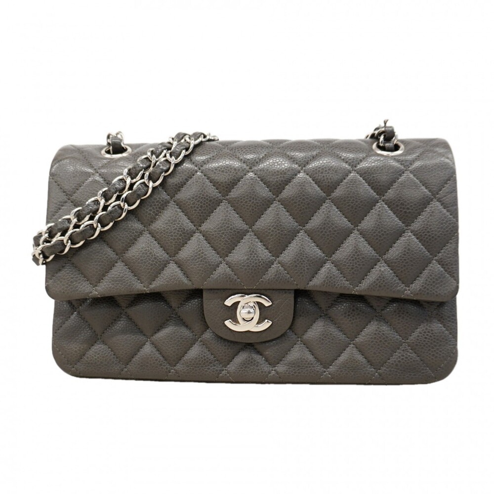 Chanel Matelassé Shoulder Bag, Double Flap, Chain, Caviar Leather, Gray, Women's